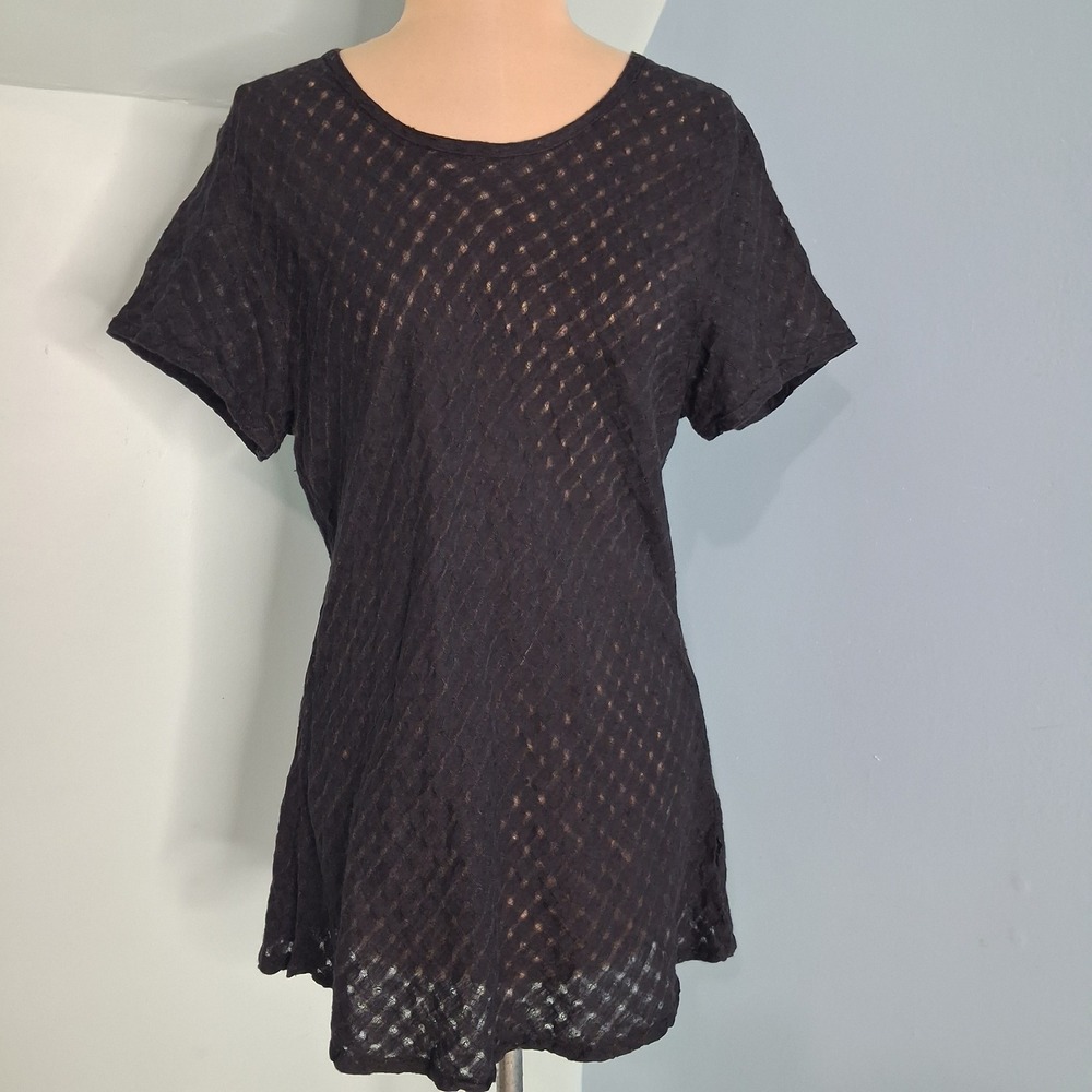 Solitaire‎ Black 100% Linen Textured Diamond Lattice Short Sleeve Top Large